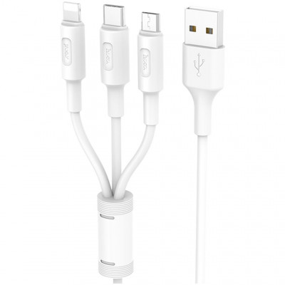 Кабель Hoco X25 Soarer 3в1 USB - Type-C + Lightning + MicroUSB, 2А, 1м. - белый