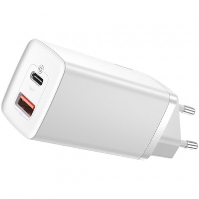 Сетевой адаптер 65W GaN2 1xUSB-A, 1xType-C Baseus CCGAN2L-B02 - белый