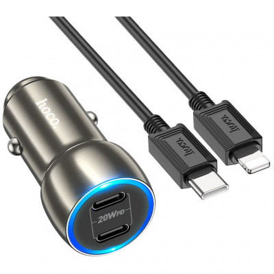 АЗУ 40W 2xType-C с кабелем Type-C на Lightning hoco Z48 Tough - темно-серый