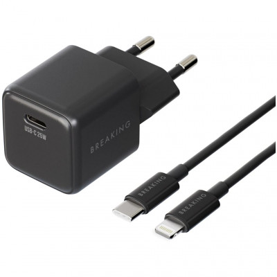 Сетевой адаптер 25W GaN с кабелем Type-C на Lightning Breaking P-10 - черный